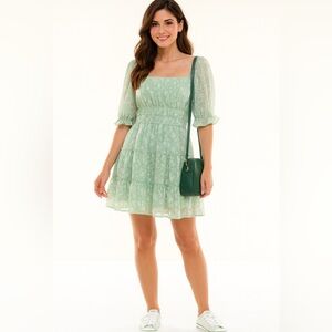 Trixxi Sage Green Floral Dress with Chiffon Puff Sleeves